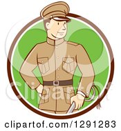 Poster, Art Print Of Retro Cartoon World War One British Officer Holding A Sword And Emerging From A Brown White And Green Circle