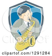 Retro Cartoon Male Musician Playing A Saxophone And Emerging From A Gray White And Blue Shield