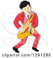 Poster, Art Print Of Retro Cartoon Male Musician Playing A Saxophone And Wearing A Red Suit