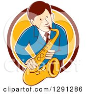 Retro Cartoon Male Musician Playing A Saxophone And Emerging From A Maroon White And Yellow Circle