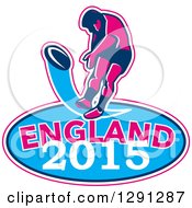 Poster, Art Print Of Retro Rugby Union Player Kicking A Ball Ball In A Pink White And Blue England 2015 Oval