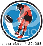Poster, Art Print Of Retro Rugby Union Player Kicking A Ball In A Black White And Blue Circle