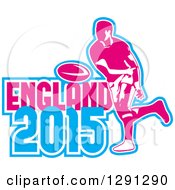 Poster, Art Print Of Retro Rugby Union Player Passing A Ball And White Pink And Blue England 2015 Text
