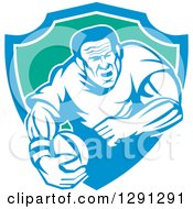 Poster, Art Print Of Retro Rugby Union Player Running With A Ball In A Blue White And Green Shield