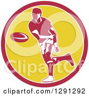 Poster, Art Print Of Retro Rugby Union Player Passing A Ball In A Pink White And Yellow