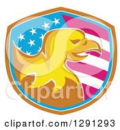 Poster, Art Print Of Golden Bald Eagle Head In An American Flag Shield With Brown White And Blue Trim