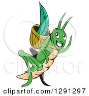 Cartoon Happy Green Grasshopper Waving With A Blade In A Basket