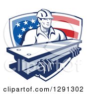 Poster, Art Print Of Retro Male Construction Worker Carrying An I Beam And Emerging From An American Flag Shield