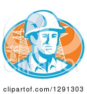 Poster, Art Print Of Retro Male Construction Worker Emerging From An Orange And Blue Oval With Pylons