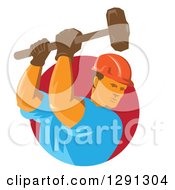 Clipart Of A Retro Male Construction Worker Using A Sledgehammer And Emerging From A Red Circle Royalty Free Vector Illustration