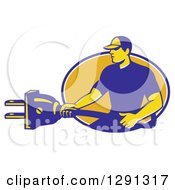 Poster, Art Print Of Retro Male Electrician Holding A Giant Plug And Emerging From A Blue White And Yellow Oval