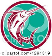Clipart Of A Retro Woodcut Marlin Fish Emerging From A Maroon White And Turquoise Circle Royalty Free Vector Illustration