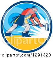 Clipart Of A Retro Woodcut Caucasian Blacksmith Worker Using A Sledgehammer In A Blue White And Yellow Circle Royalty Free Vector Illustration