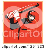 Retro Cricket Batsman Player In A Red And Orange Square With A White Border