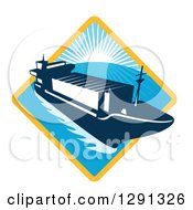 Poster, Art Print Of Retro Container Cargo Ship Emerging From A Yellow And Blue Sunset And Ocean Diamond