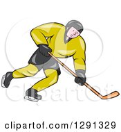Poster, Art Print Of Cartoon White Male Hockey Player Skating In A Green And Black Uniform