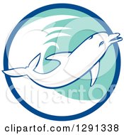 Poster, Art Print Of Retro Jumping Dolphin In A Blue White And Turquoise Circle