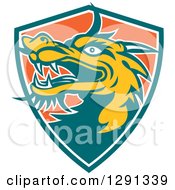 Clipart Of A Retro Chinese Dragon Head Emerging From A Teal White And Orange Shield Royalty Free Vector Illustration
