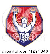 Clipart Of A Retro Male Crossfit Athlete Or Gymnast With Rings In A Shield Of Rays Royalty Free Vector Illustration