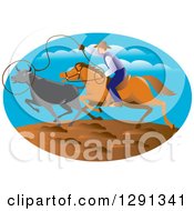 Poster, Art Print Of Retro Horseback Cowboy Roping Cattle In An Oval