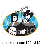 Poster, Art Print Of Retro Cowgirl And Cowboy Holding A Tv Antennae In An Oval Of Sunshine