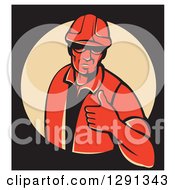 Retro Red Male Construction Worker Holding A Thumb Up In A Tan Circle On Black With A White Border