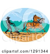 Poster, Art Print Of Silhouetted Male Farmer Using Horses To Plow A Field In An Oval