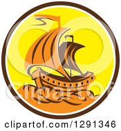 Retro Orange Galleon Tall Ship In A Brown White And Yellow Circle