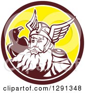 Clipart Of A Retro Norse Mythology God Odin With A Crow In A Brown White And Yellow Circle Royalty Free Vector Illustration
