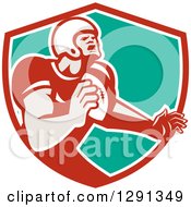 Poster, Art Print Of Retro Male Gridiron American Football Player Throwing In A Red White And Turquoise Shield