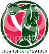 Poster, Art Print Of Retro Basketball Player Jumping For A Slam Dunk Over A Green White And Pink Circle