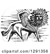 Black And White Woodcut Winged Lion With A Mans Face