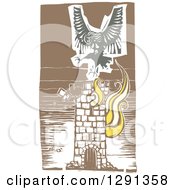 Woodcut Female Harpy Of Greek Mythology Flying Over A Burning Tower