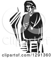 Black And White Woodcut Pregnant Woman Holding Her Clock Belly