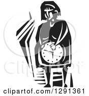 Poster, Art Print Of Black And White Woodcut Pregnant Woman Holding Her Clock Belly