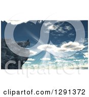 3d Lone Man Sitting On A Cliff On A Mountain Against Sunshine And A Cloudy Sky