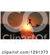 Poster, Art Print Of 3d Silhouetted Man Leaping From One Cliff To Another Over An Orange Sunset