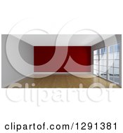 Clipart Of A 3d Empty Room Interior With Floor To Ceiling Windows And A Red Feature Wall Royalty Free Illustration