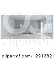 Poster, Art Print Of 3d White Room Interior With Floor To Ceiling Windows A Gray Feature Wall And Furniture