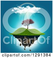 Poster, Art Print Of 3d Floating Island With A Cherry Tree Under A Rainbow And Rain Cloud