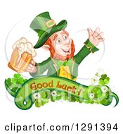 Poster, Art Print Of St Patricks Day Leprechaun Cheering With Beer Over A Good Luck Banner With Shamrocks