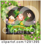 Poster, Art Print Of St Patricks Day Leprechaun Holding A Beer In A Good Luck Sign Over Wood With Shamrocks