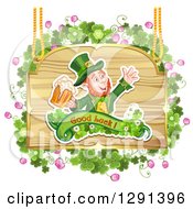 Poster, Art Print Of St Patricks Day Leprechaun Cheering With Beer On A Wood Sign With Shamrocks