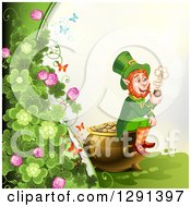 Poster, Art Print Of St Patricks Day Border Of Butterflies And Clovers With A Leprechaun Smoking A Pipe And Sitting On A Pot Of Gold