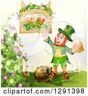 Poster, Art Print Of St Patricks Day Leprechaun Holding A Beer By A Pot Of Gold Shamrocks And Sign