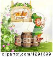 Poster, Art Print Of St Patricks Day Leprechaun Smoking A Pipe On A Beer Keg Under A Good Luck Beer Sign With Shamrocks