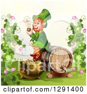 Poster, Art Print Of St Patricks Day Leprechaun Smoking A Pipe And Sitting On A Beer Keg With A Pot Of Gold And Clovers