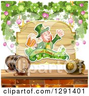 Poster, Art Print Of St Patricks Day Leprechaun Cheering With Beer On A Wood Sign With Shamrocks Over A Keg And Pot Of Gold