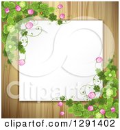 Poster, Art Print Of Blank White Sign Or Paper Over Wood With St Patricks Day Clovers And Flowers