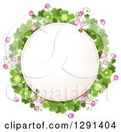 Poster, Art Print Of Lady Bug On A Round St Patricks Day Frame With Shamrock Clovers And Flowers